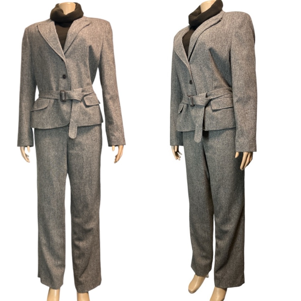 COPY - Covington Pants Suit Tweed Belted Brown single breasted wool blend size …